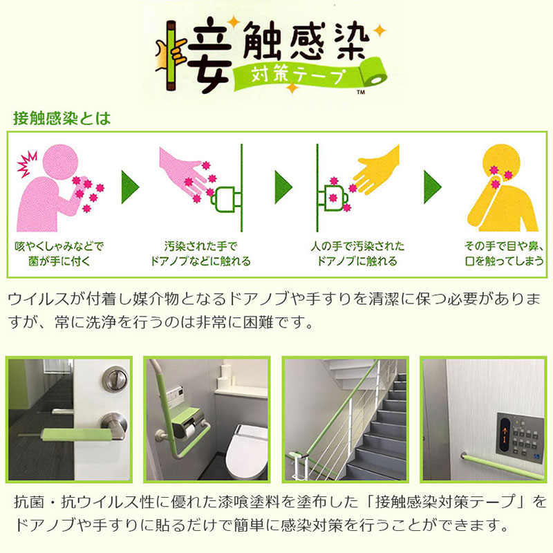 感染対策 感染症対策 抗菌 抗ウィルス 貼るだけ ドアノブ 病院 介護施設 接触感染対策テープ 幅10cm×長さ5m フレッシュグリーン |  | 02
