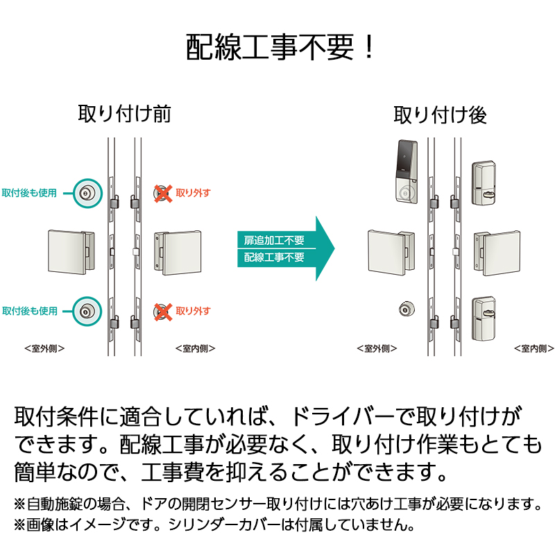 スマートロック 後付け 電気錠 スマホ解錠 玄関ドア 美和ロック miwa DTRS2 smart 2ロック D02TEA カバーなしの画像