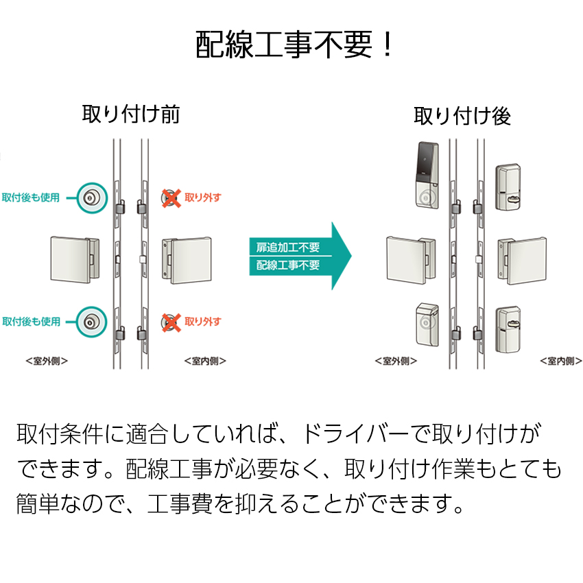 スマートロック 後付け 自動施錠 電気錠 美和ロック miwa DTRS3smart 2ロック カバーなし DTRS3D02TE 黒色 DT45〜50｜ring-g｜08