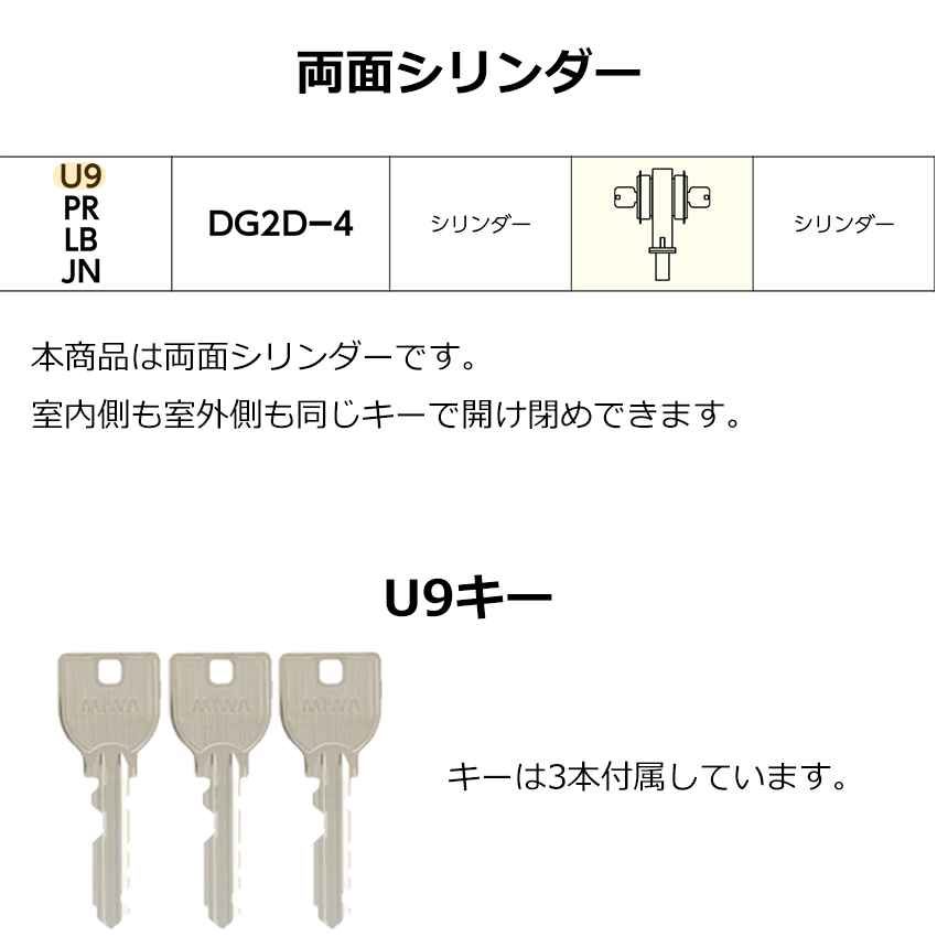 MIWA 美和ロック 自動ドア DG2 鍵 交換 U9シリンダー エンジンドア 2個同一 シルバー色 キー3本 扉厚37〜41mm｜ring-g｜05