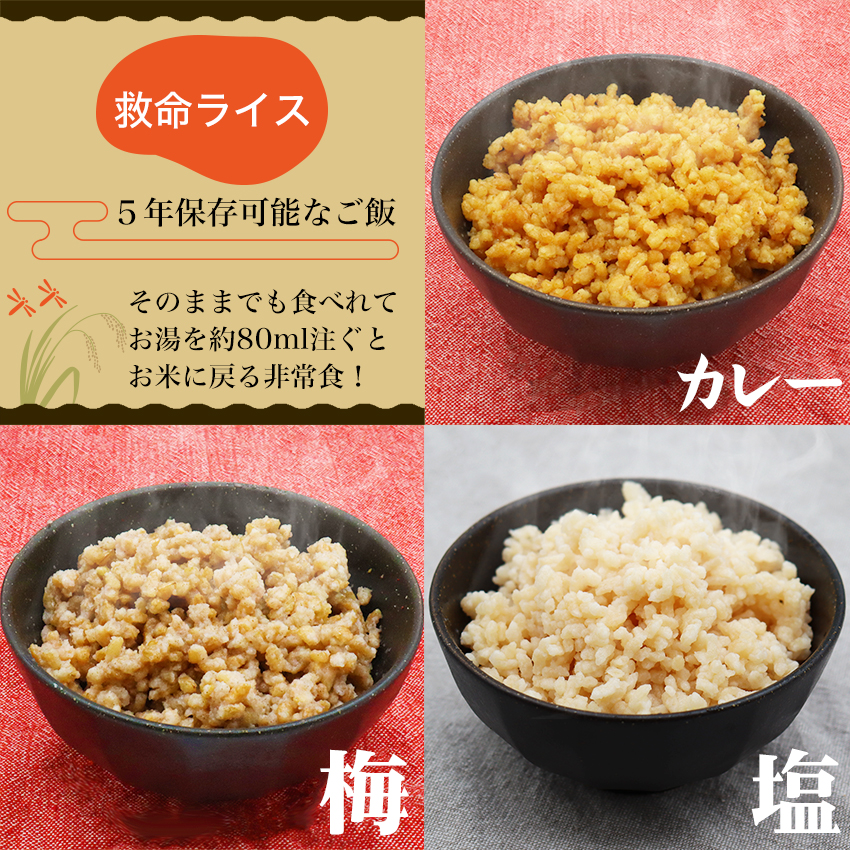 水なしで食べれる 非常食 ご飯 5年保存 水不要 救命ライス おすすめ 美味しい 保存食 防災食 備蓄 アレルギー対応 米 3種類 40食セット |  | 03