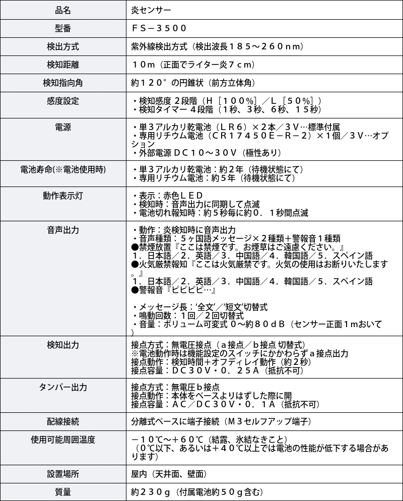 火災報知器 TAKEX 炎センサー FS-3500 警報機能 多言語対応 電池式