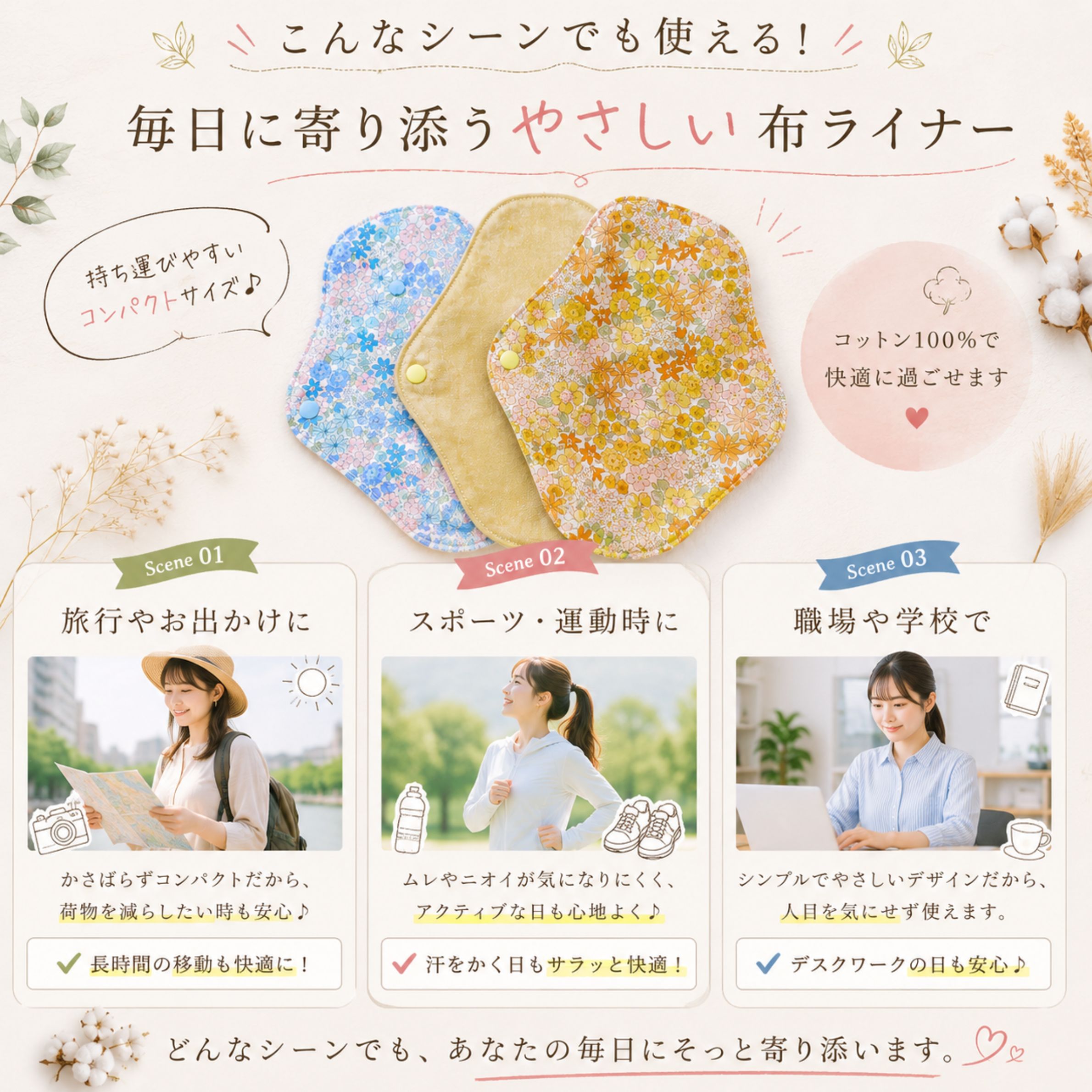 北欧柄⑥☆布ナプキン ライナー オーガニック 4枚セット 布ライナー 3枚セット オーガニックコットン 100% 日本製 4層構造 おり