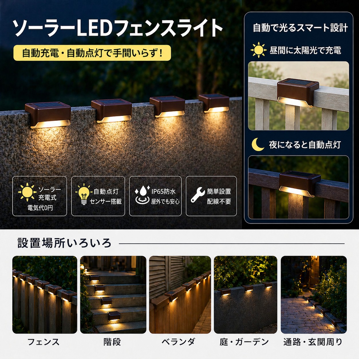 ソーラーライト フェンスライト 屋外 防水 IP65 自動点灯 センサーライト ガーデンライト 玄関 階段 足元灯 外構照明 ベランダ 庭 壁面ライト 電気代0円 |  | 02