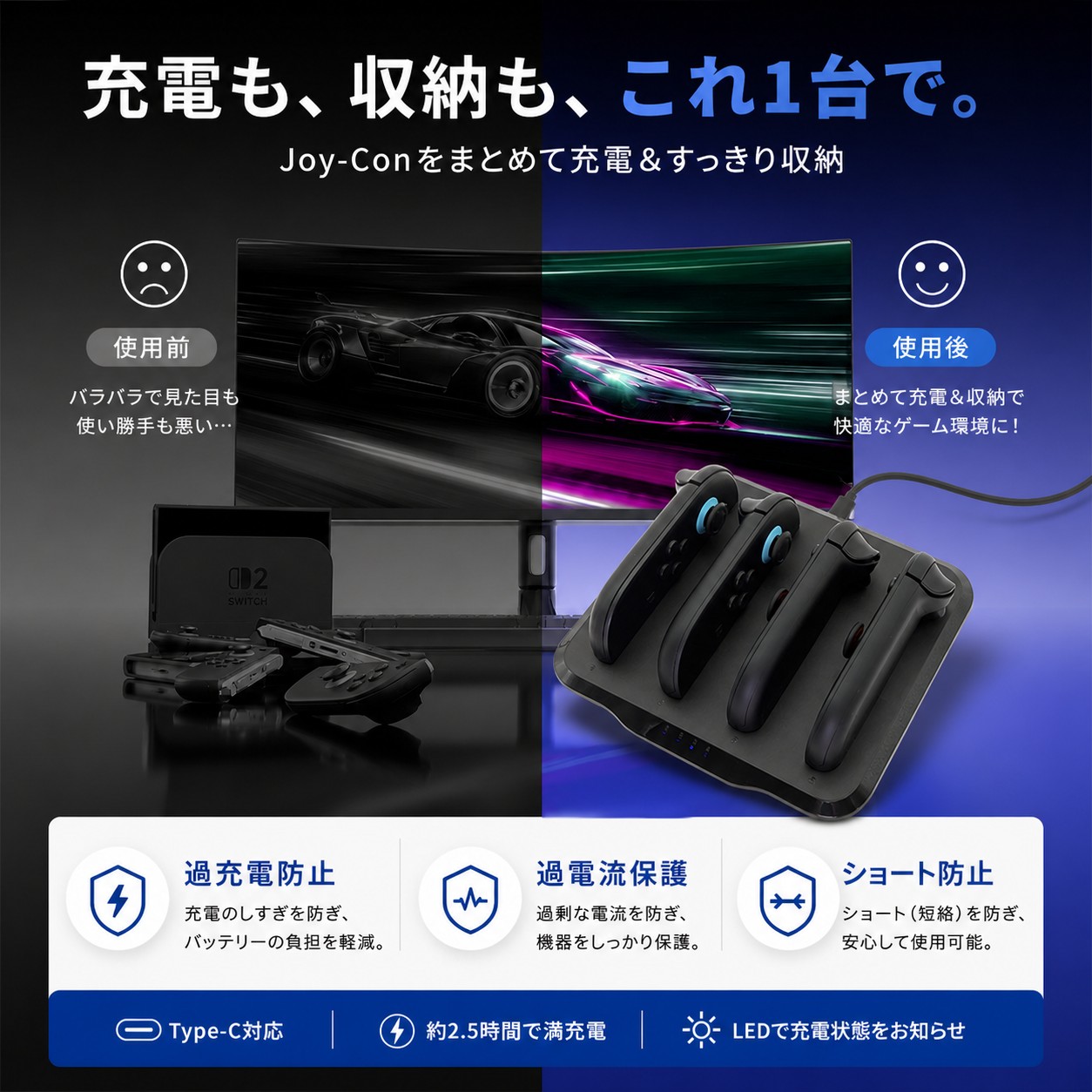 Nintendo Switch2 Joy-Con2 充電スタンド 4台同時充電 ジョイコン 充電器 LEDインジケーター付き 充電ドック 収納スタンド LEDランプ表示 収納一体型 |  | 03