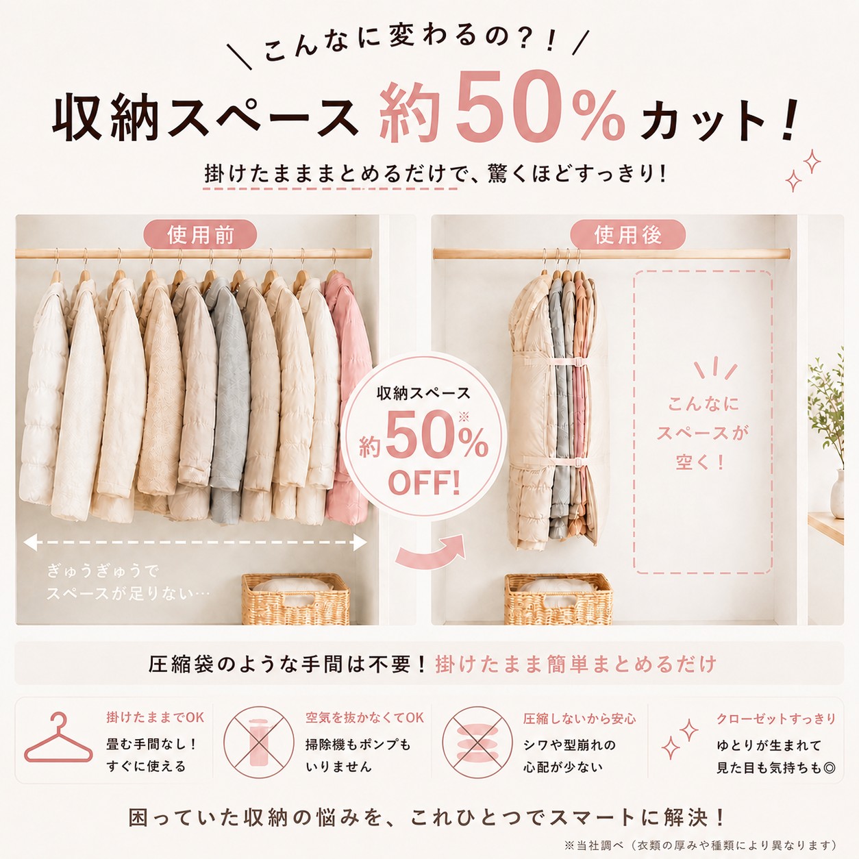 クローゼット収納 ダウン収納 コート収納 衣類収納ベルト クローゼット 省スペース ハンガーのまま収納 約50%圧縮 ダウン コート対応 型崩れ防止 しわ防止 |  | 03
