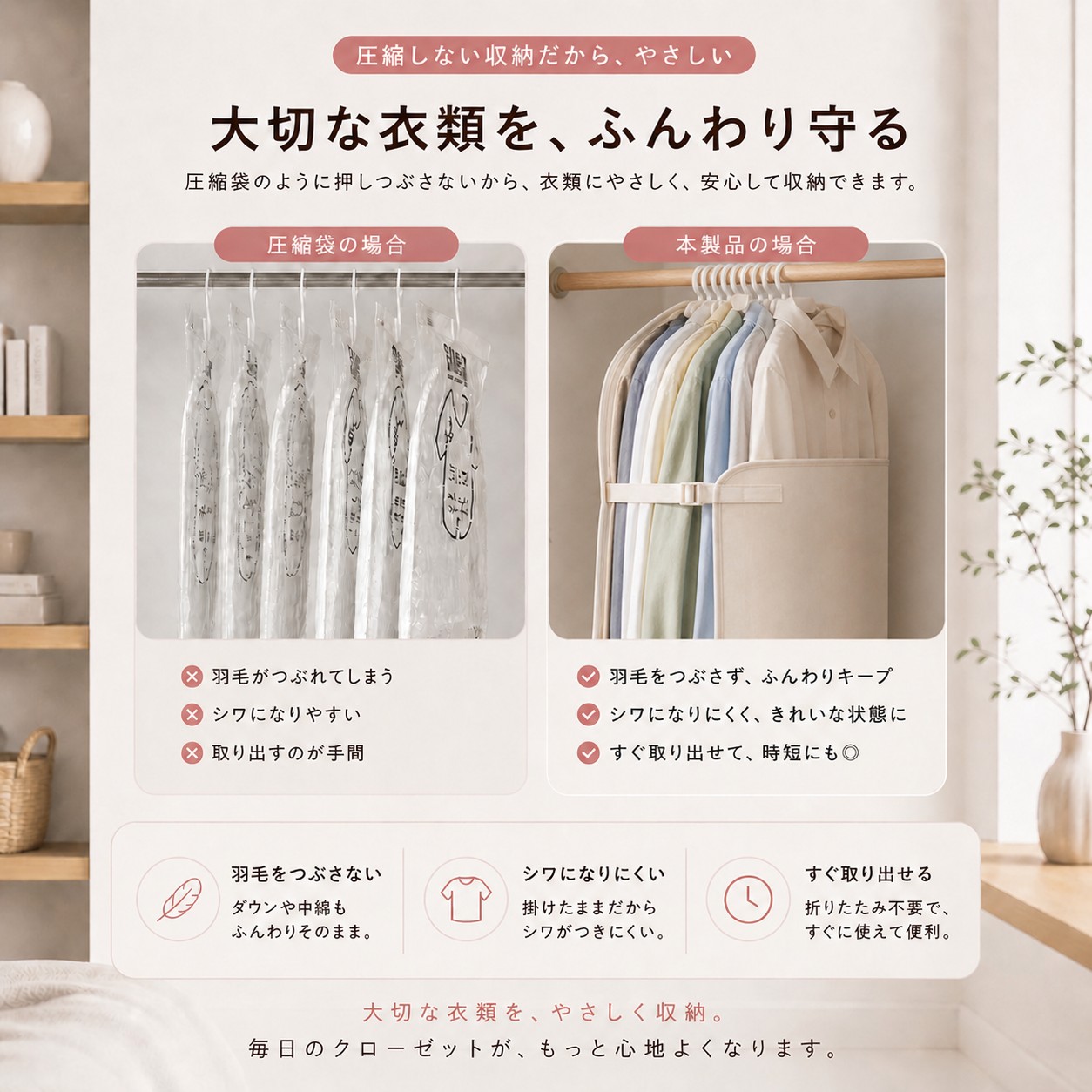 クローゼット収納 ダウン収納 コート収納 衣類収納ベルト クローゼット 省スペース ハンガーのまま収納 約50%圧縮 ダウン コート対応 型崩れ防止 しわ防止 |  | 06