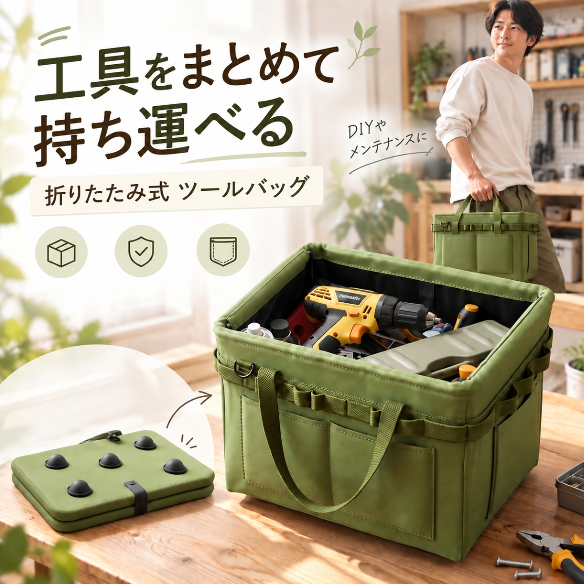 工具バッグ ツールバッグ 工具収納バッグ 折りたたみ 大容量 自立式 持ち運び 工具入れ 道具入れ 収納バッグ 外ポケット サイドホルダー付き | 
