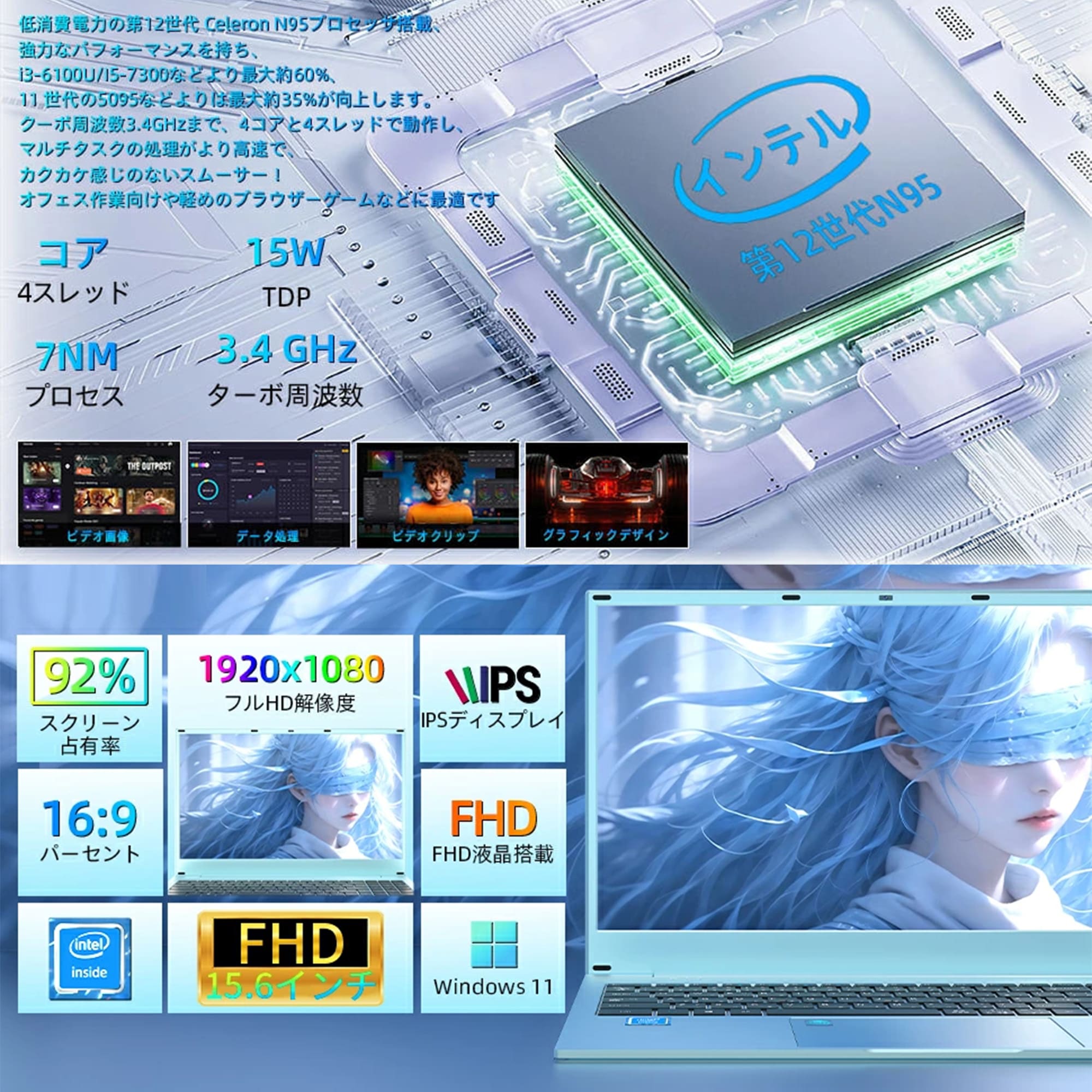 ノートパソコン ブルー 水色 青 新品 15.6型 Office搭載 Windows11 第12世代 Celeron N95 メモリ16GB SSD512GB WEBカメラ テンキーの画像