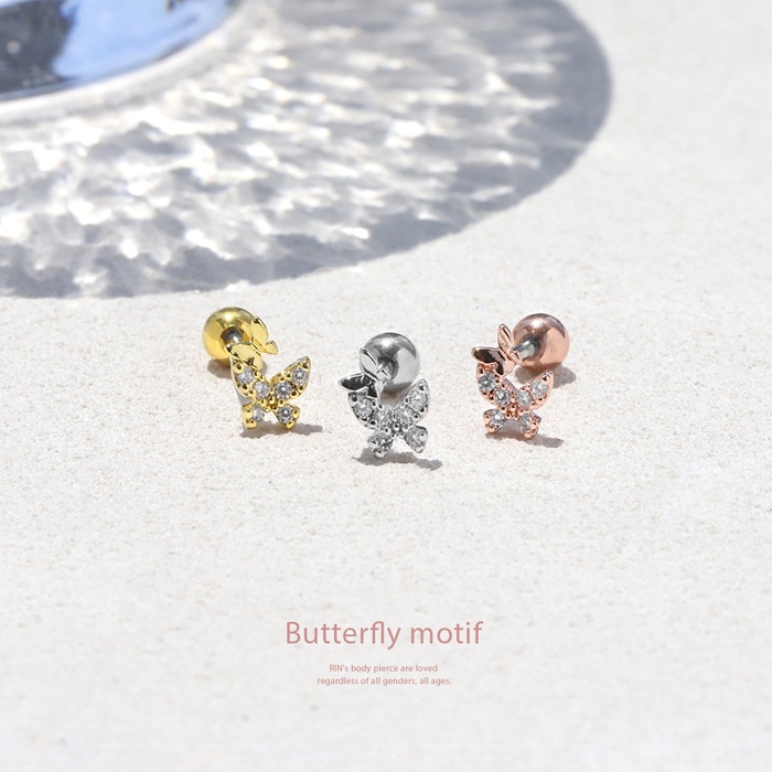軟骨ピアス 16G ボディピアス 蝶々 バタフライ ジュエル 可愛い ストレートバーベル サージカルステンレス 片耳用 | 凛 RIN | 04