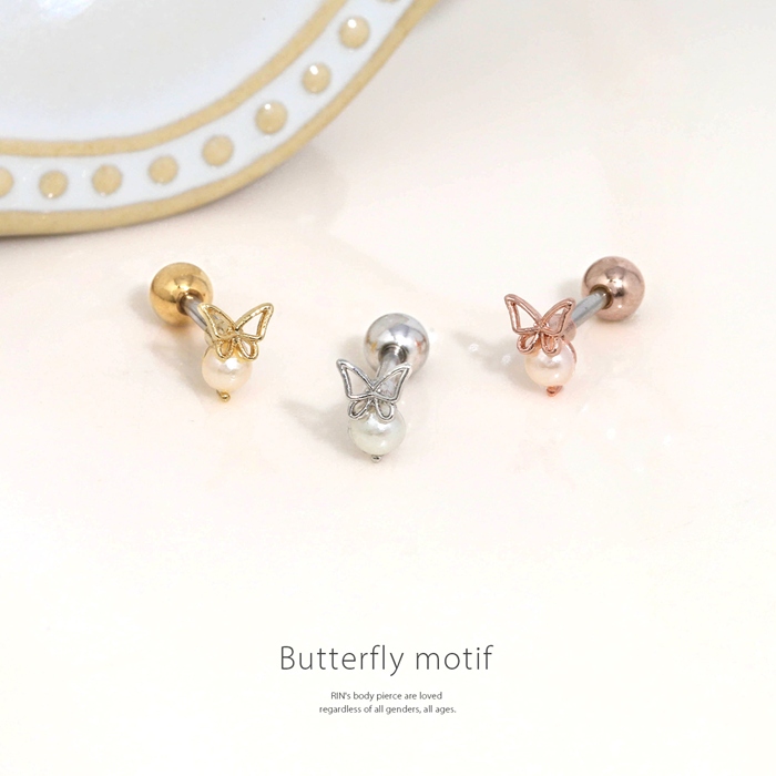 軟骨ピアス パール 16G ボディピアス 蝶 バタフライ 小さめ ストレートバーベル サージカルステンレス トラガス 片耳用 | 凛 RIN | 04