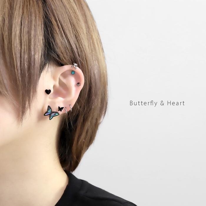 軟骨ピアス 16G ボディピアス 蝶 ハート 黒 バタフライ ブラック ストレートバーベル ステンレス 片耳用 | 凛 RIN | 05