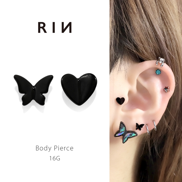 凛 RIN 軟骨ピアス 16G ボディピアス 蝶 ハート 黒 バタフライ