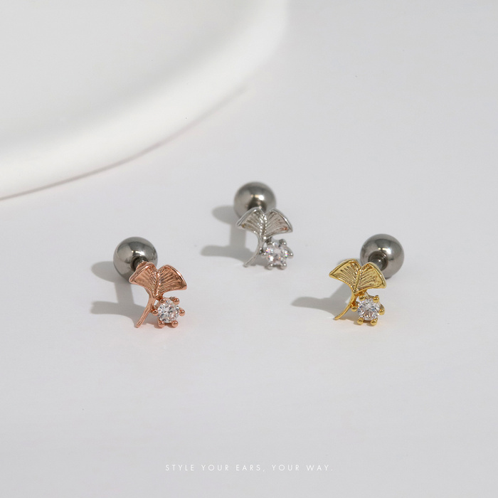 軟骨ピアス 16G ボディピアス イチョウ 葉 植物 秋 ジュエル ジルコニア ストレートバーベル サージカルステンレス 片耳用 | 凛 RIN | 04