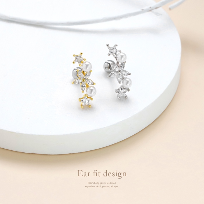 ボディピアス 16G 軟骨ピアス ジュエル フラワー パール 花 イヤーフィット ストレートバーベル 片耳用 | 凛 RIN | 03