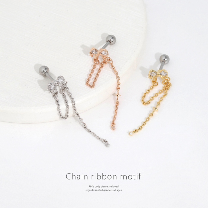 軟骨ピアス 16G ボディピアス リボン チェーン ロング 揺れる かわいい キュービックジルコニア ストレートバーベル ピアス サージカルステンレス 片耳用 | 凛 RIN | 04