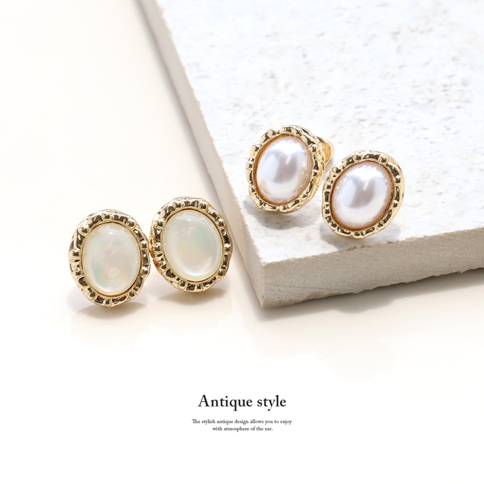 ピアス レディース チタンポスト 金属アレルギー対応 アンティーク調 シェルホワイト パール 『両耳用・2個セット』 | 凛 RIN | 03