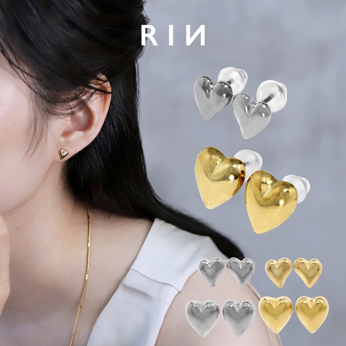 ピアス レディース ハート 16Kコーティング 16金 メタル シンプル スタッド 可愛い おしゃれ 『両耳用・2個セット』 | 凛 RIN