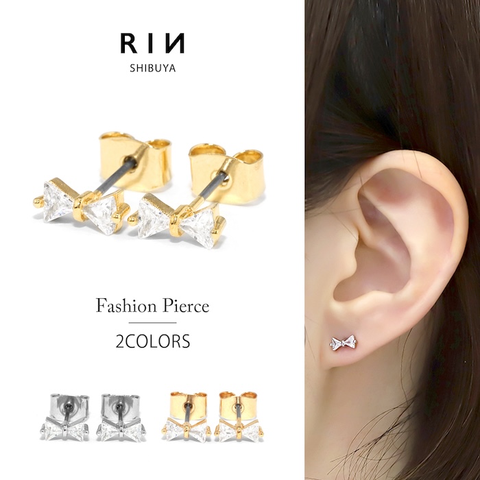 凛 RIN ピアス 小ぶり レディース リボン りぼん チタン キラキラ 金属