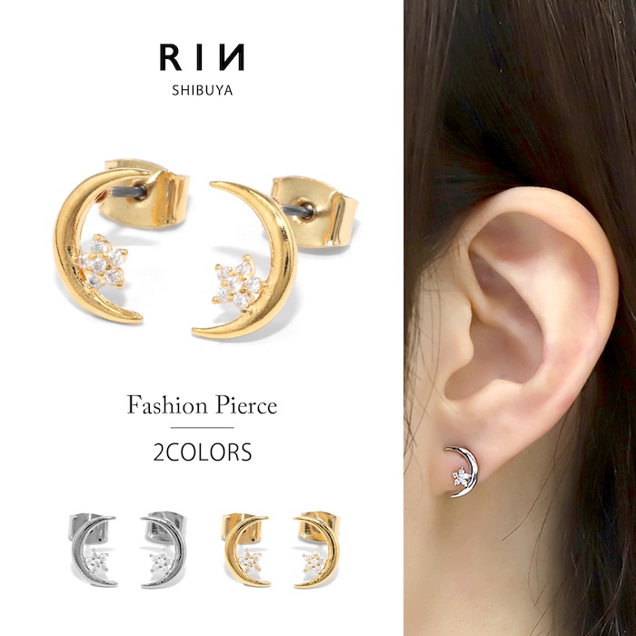 凛 RIN ピアス 三日月 ジルコニア 月 ムーン 星 チタンポスト 18金 18K