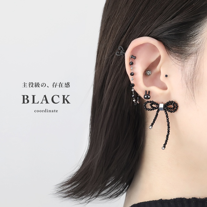 凛 RIN 軟骨ピアス 16G ボディピアス ビーズ リボン ブラック