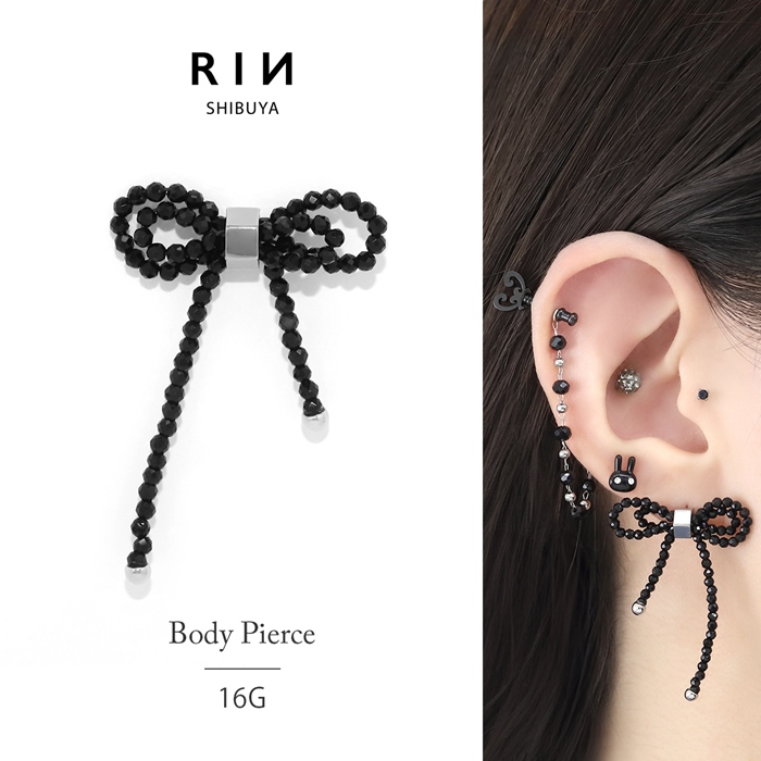 凛 RIN 軟骨ピアス 16G ボディピアス ビーズ リボン ブラック