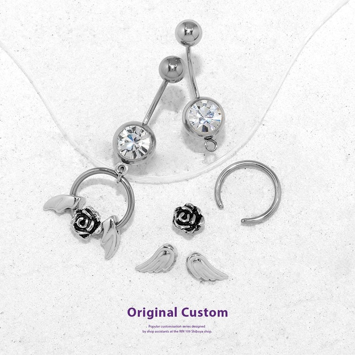 ボディピアス カスタムセット へそピアス 14G 18G バラ 薔薇 羽 天使 悪魔 カーブ バナナバーベル ステンレス 片耳用 | 凛 RIN | 05
