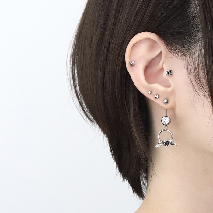 ボディピアス カスタムセット へそピアス 14G 18G バラ 薔薇 羽 天使 悪魔 カーブ バナナバーベル ステンレス 片耳用 | 凛 RIN | 07