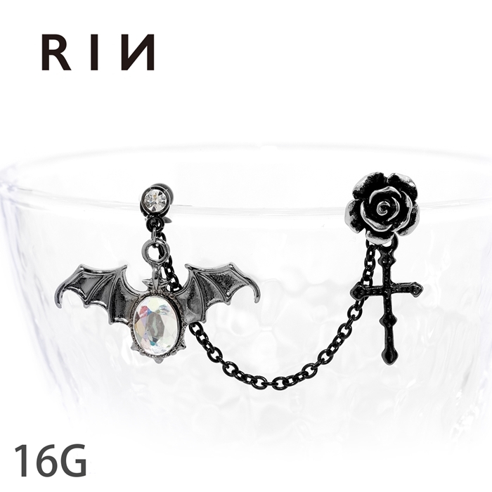 凛 RIN ボディピアス 軟骨 チェーン 16G 蝙蝠 十字架 クロス
