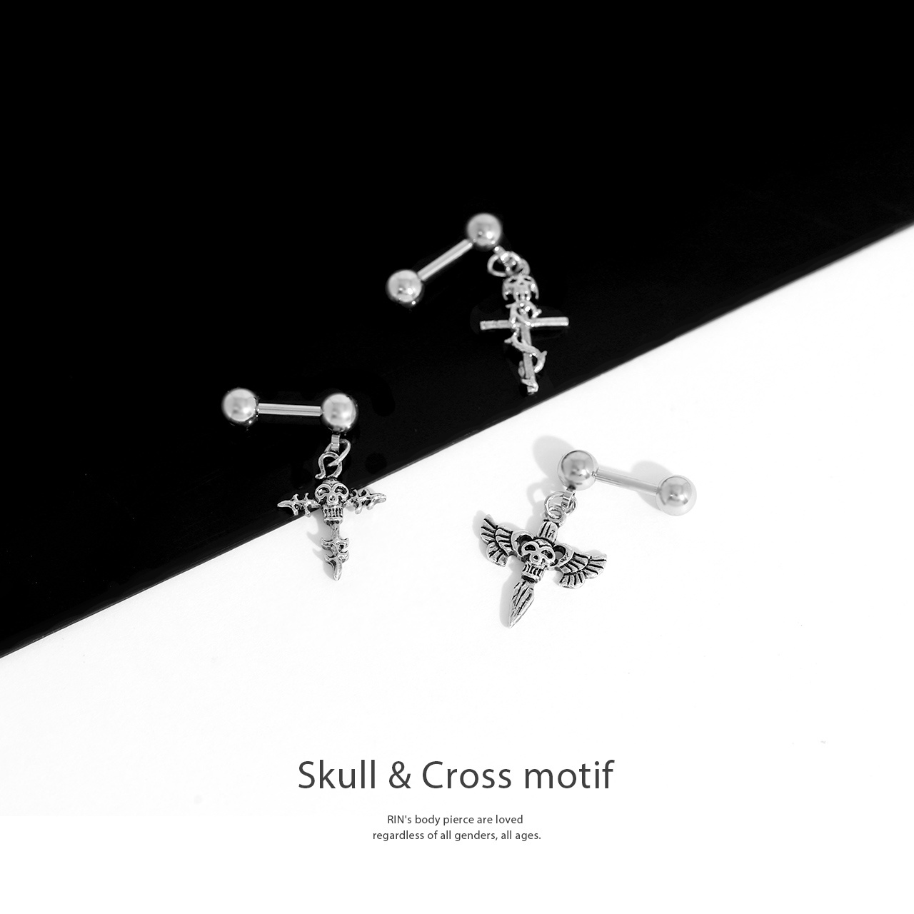 凛 RIN ボディピアス 髑髏 十字架 軟骨ピアス 16G メンズ 剣 ドクロ