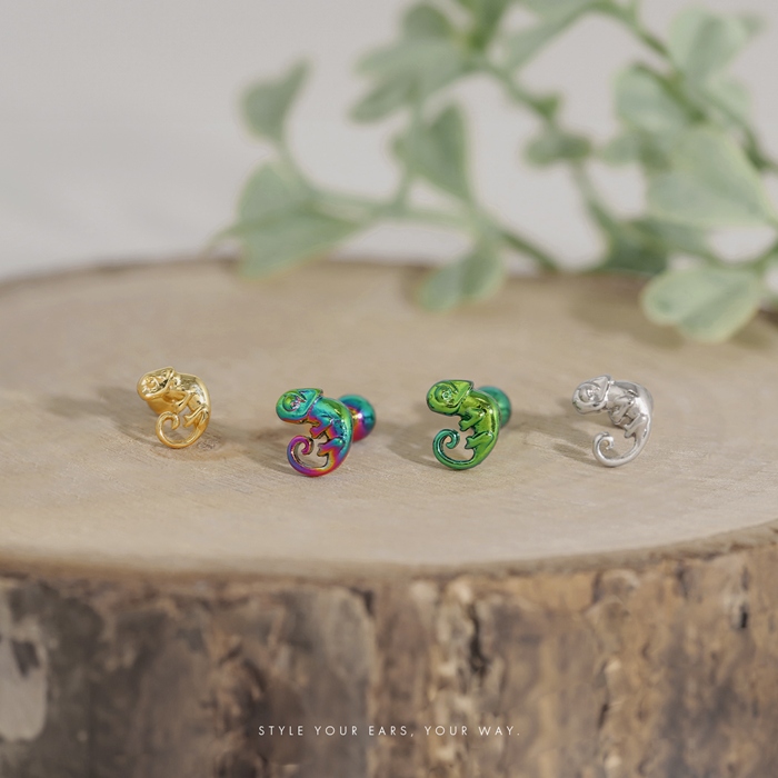 素敵flowerとカメレオンのピアス 凛 RIN ボディピアス 14G 16G カメレオン 軟骨ピアス 爬虫類 は虫類