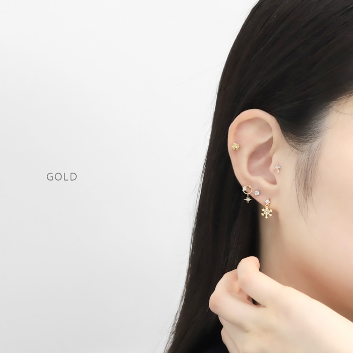 軟骨ピアス 16G 雪の結晶 スノーフレーク ジュエル チャーム付き