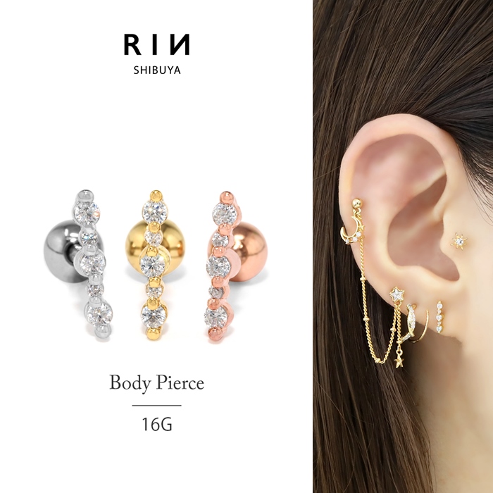 凛 RIN ボディピアス 軟骨 16G ジュエル バー 片耳用 金属