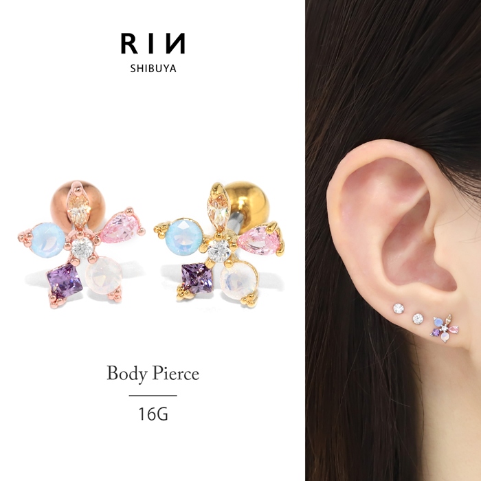 凛 RIN 軟骨ピアス 16G ボディピアス 花 ジュエル フラワー ビジュー