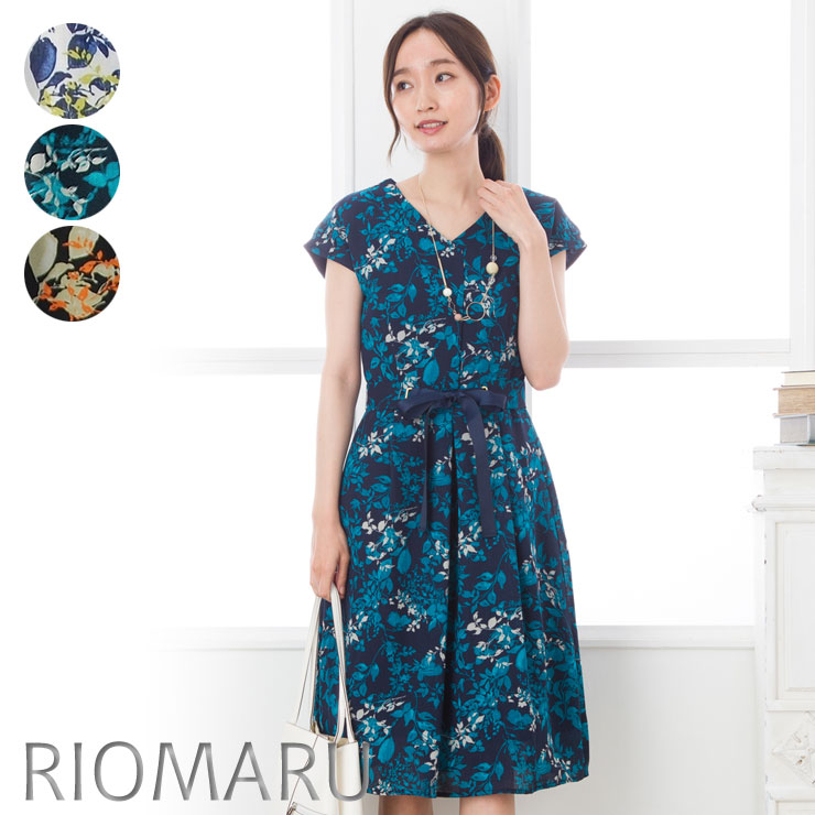 Sale メール便 送料無料12 7 13号 麻調 合繊 花柄 ミディアム丈 フレンチ袖 ワンピース リボン ベルト 付き エコ包装 Op Hw op Riomaru リオマル 通販 Yahoo ショッピング