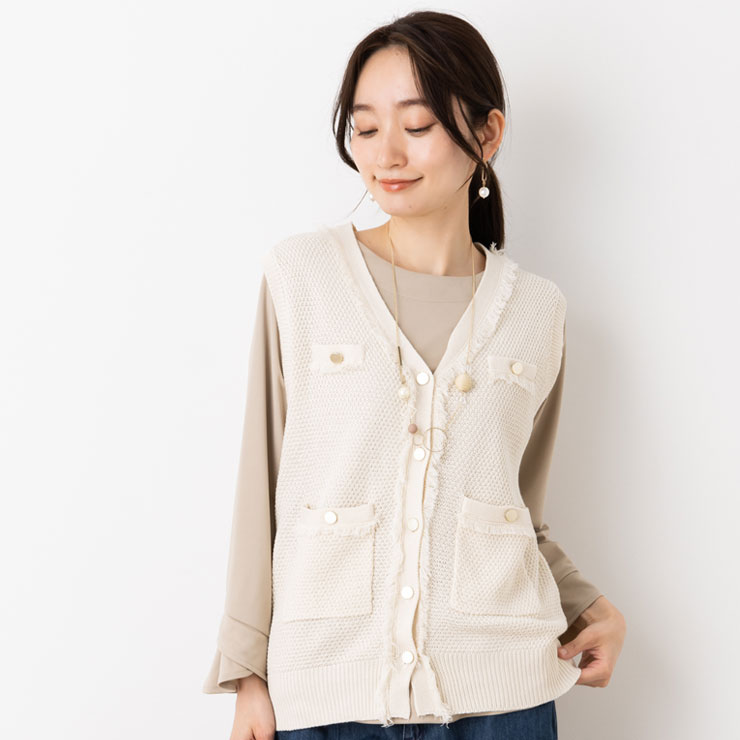 SALE50) (メール便 送料無料12)(M〜LL)7G 麻タッチ ツイード ライク V