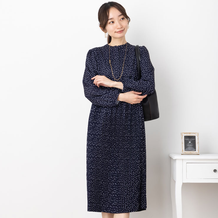 SALE20)(9〜13号)ジョーゼット プリーツ 長袖 ロング 丈 ワンピース