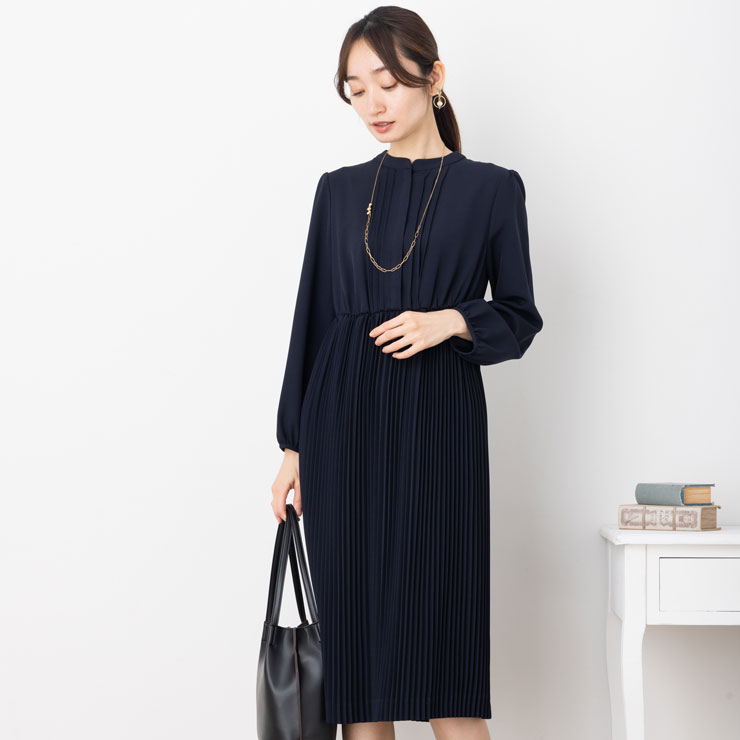 SALE20)(9〜13号)ジョーゼット プリーツ 長袖 ロング 丈 ワンピース