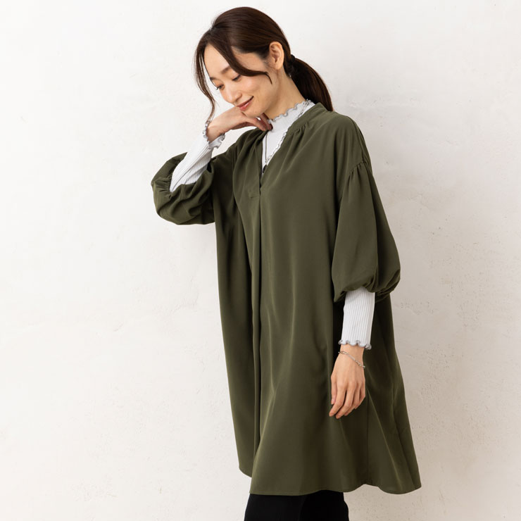 SALE40)合繊とろみブロードキーネックスキッパー ボリューム 五分袖