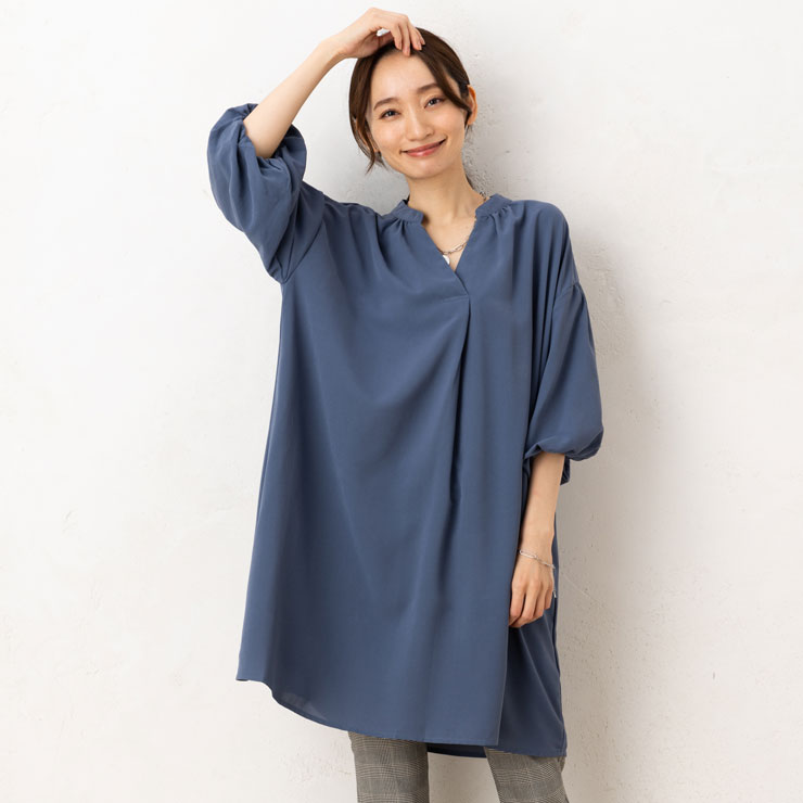 SALE30)合繊とろみブロードキーネックスキッパー ボリューム 五分袖