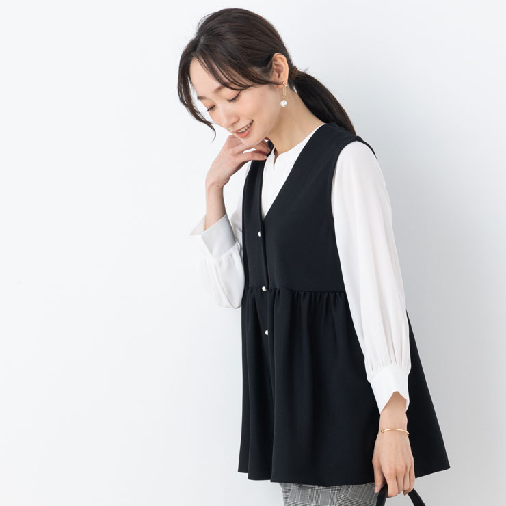 ジレ ベスト レディース 春 秋 冬 前開き (M〜LL)カットツイル パール 