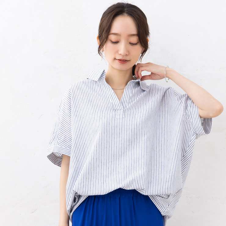 美品♪ティッカ 半袖ブラス コットンリネン 麻混 ストライプ 濃紺 pg2 セール】マーブルワルツ/MARBLE WALTS リネン混ストライプ柄