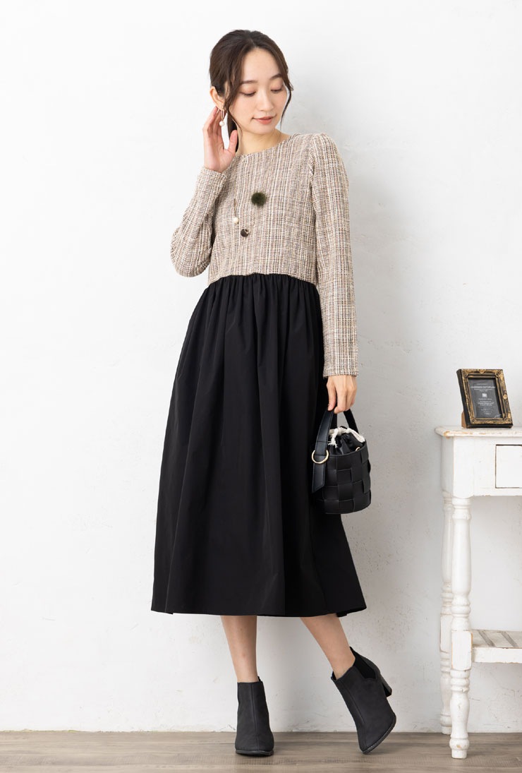SALE40) (M〜LL)カット ツイード + タフタ ドッキング 異素材 切替 