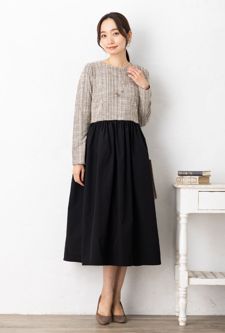 SALE40) (M〜LL)カット ツイード + タフタ ドッキング 異素材 切替