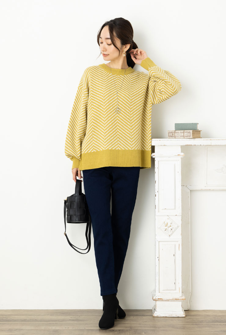 SALE40) (M〜L)7G ヘリンボーン 柄 長袖 ニット(エコ包装)(kt)(il