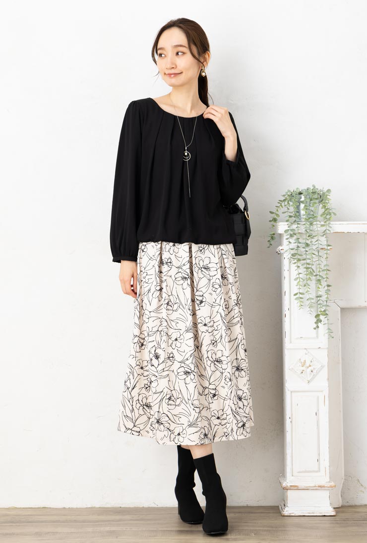 SALE30) 微 起毛 線画 花柄 スカート ロング 丈 タックスカート
