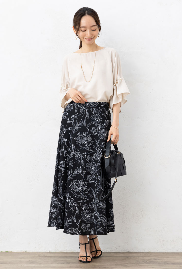 SALE40)ブッチャー線画 花柄 6枚はぎ マーメイド ロング 丈 スカート