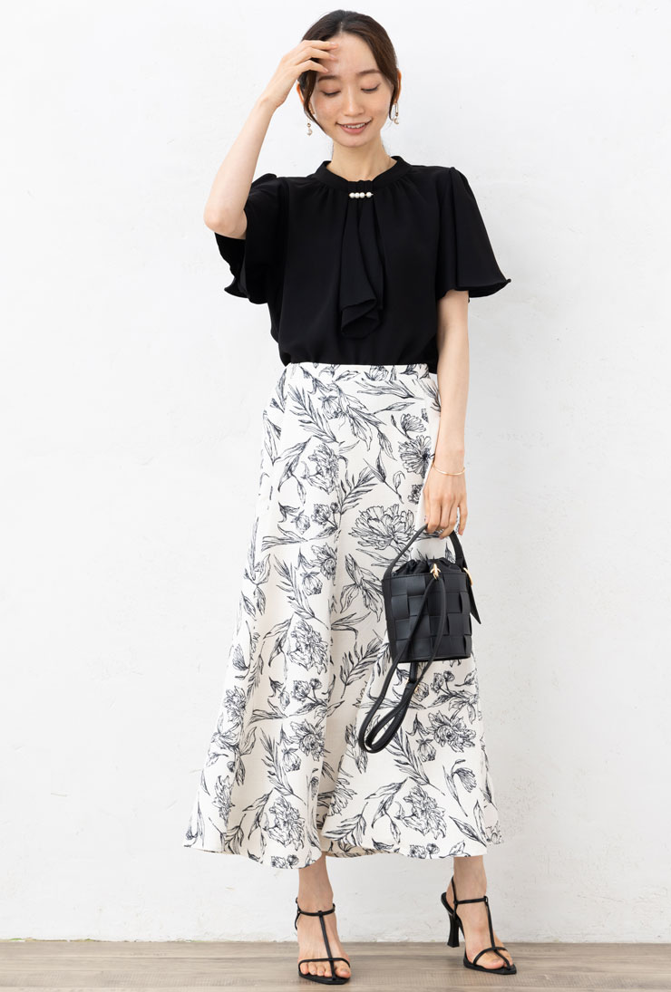 SALE30)ブッチャー線画 花柄 6枚はぎ マーメイド ロング 丈 スカート