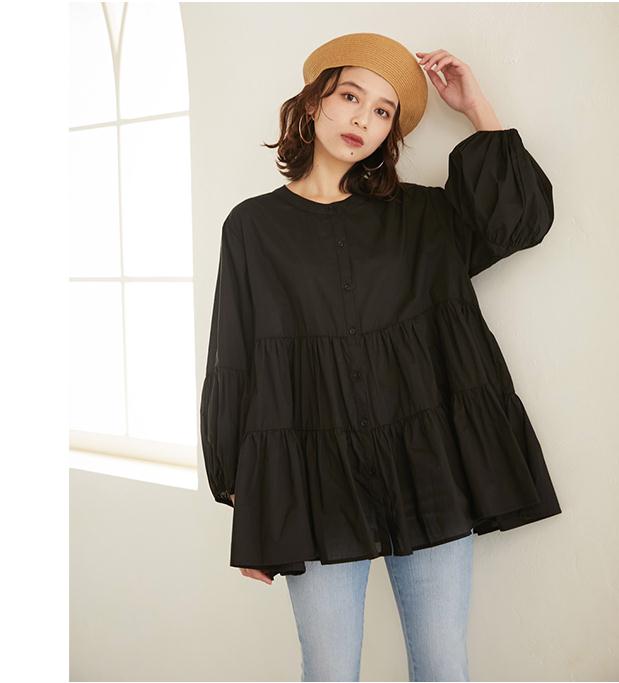 日本製/今治産-【クーポン利用で1,780円】 ブラウス レディース トップス ティアード ロング丈ノー•カラー チュニック ぽわん袖 ボリューム袖 バルーン袖 即納 L 長袖•/ブラウン ●1,780円 枚送料無料!クーポン利用で● ブラウス レディース トップス ティアード ロング丈ノーカラー チュニック ぽわん袖 ボリューム袖 バルーン袖 即納