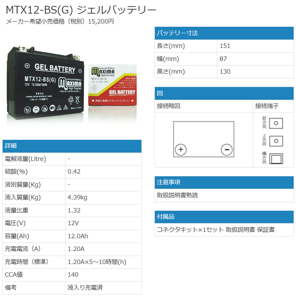 スズキ（SUZUKI） 充電済み すぐ使える ジェルバッテリー YTX12-BS
